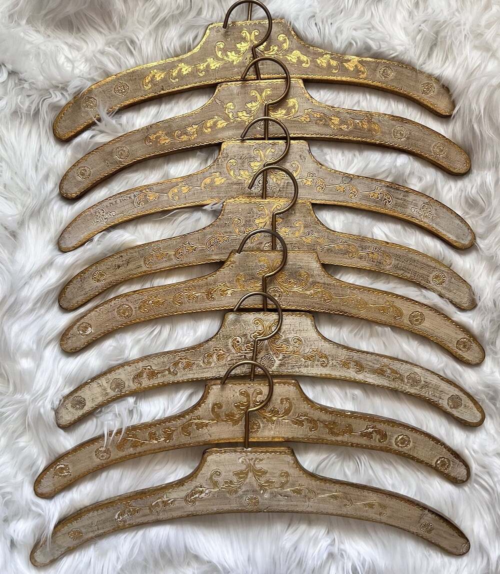 8 VTG Italian Florentine Wooden Cream & Ornate Gold-Gilt Coat & Clothes Hangers